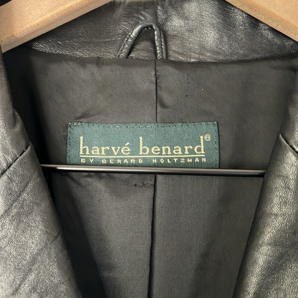 Vintage Harve Benard | 100% Leather Timeless Black Mid Length Coat Large 80s Y2K - Picture 3 of 9